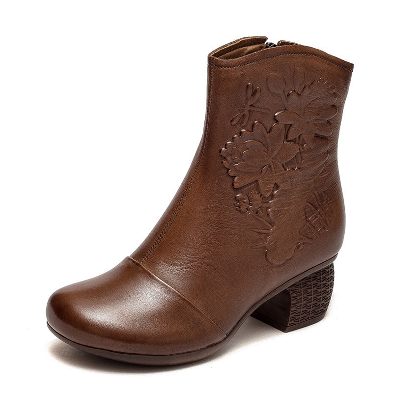 Women Retro Figured Leather Chunky Heel Mid-Calf Boots Newgew Shoes