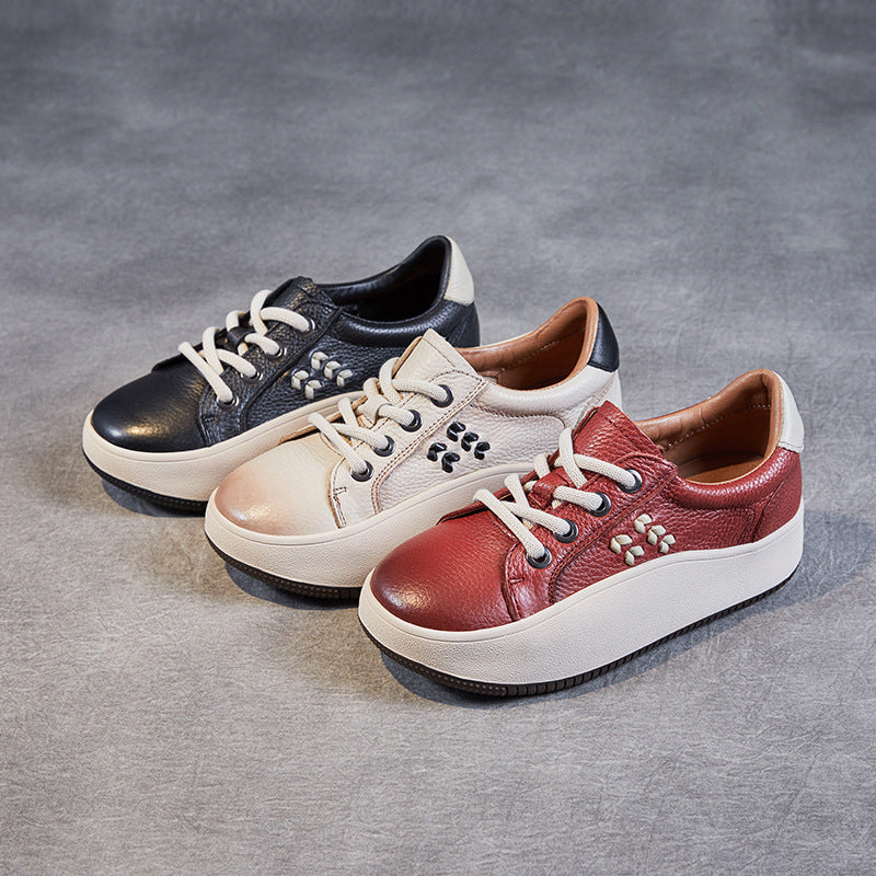 Women Casual Lace Up Cowhide Thick Soled Shoes Newgew Shoes