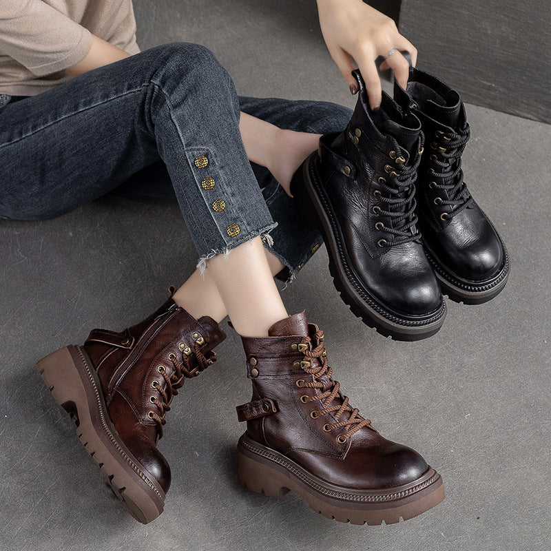 Women Retro Classic Leather Chunky Heel Boots Newgew Shoes