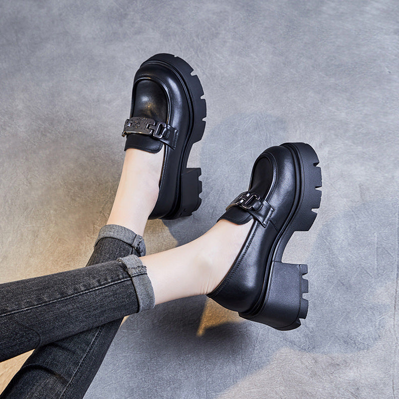 Women Retro Casual Leather Chunky Platform Loafers Newgew Shoes