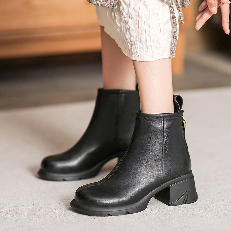 Women Minimalist Solid Leather Chunky Heel Ankle Boots Newgew Shoes