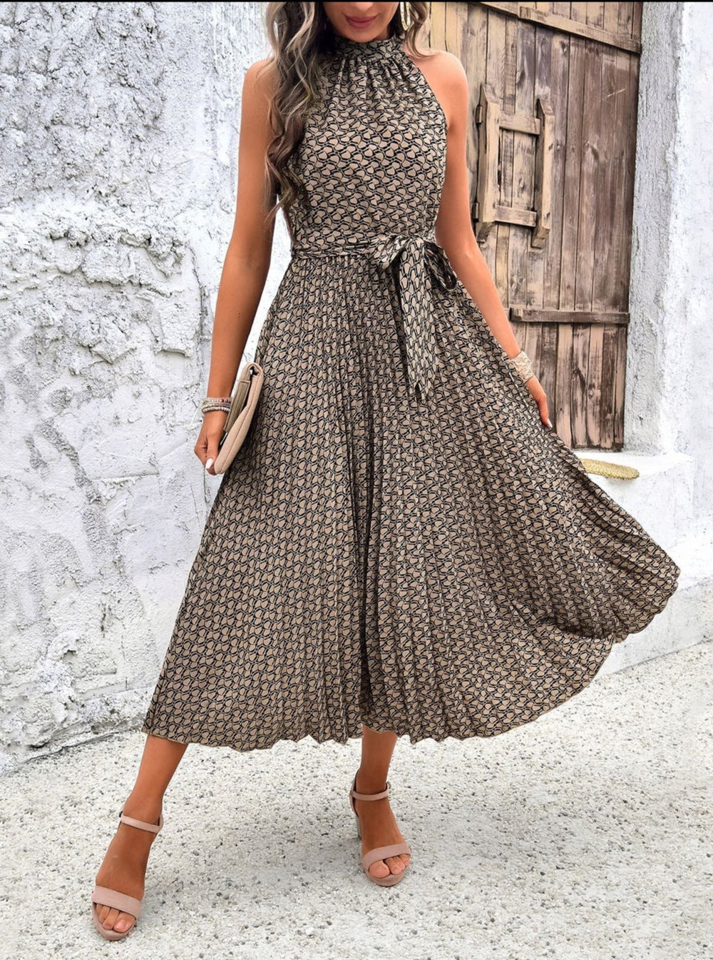 Women's Patterned Sleeveless Halterneck Midi Dress with Waist Tie Newgew Dresses