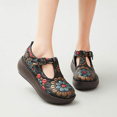 Women Retro Floral Cowhide Casual Shoes Newgew Shoes