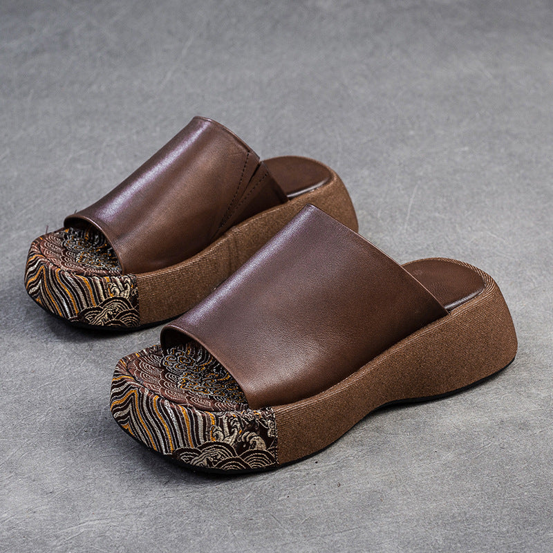 Women Retro Soft Leather Casual Thick Soled Slides Newgew Shoes