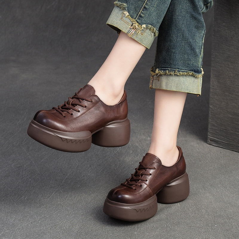 Women Minimalist Solid Leather Chunky Platform Casual Shoes Newgew Shoes