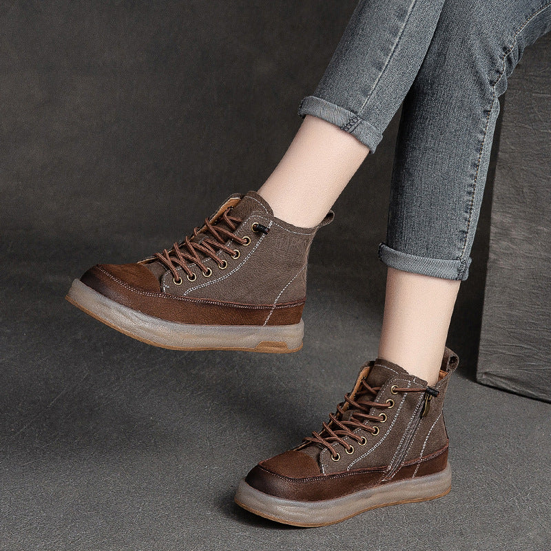 Women Retro Color Matching Patchwork Leather Boots Newgew Shoes