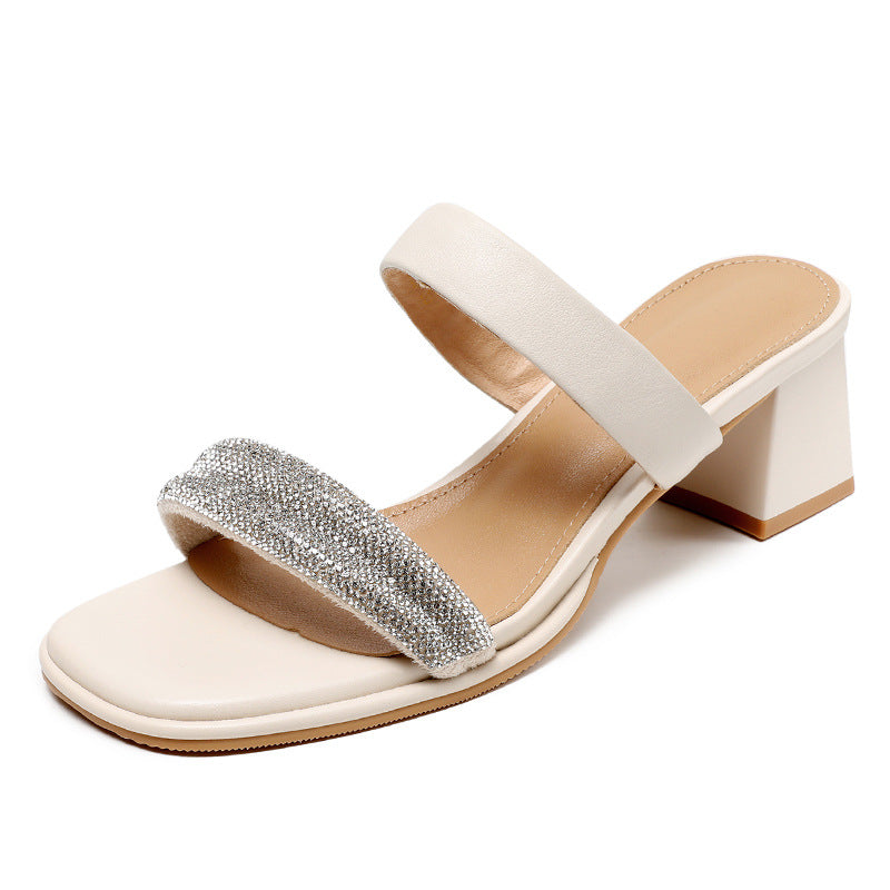 Women Fashion Leather Crystal Chunky Heel Slides Sandals Newgew Shoes