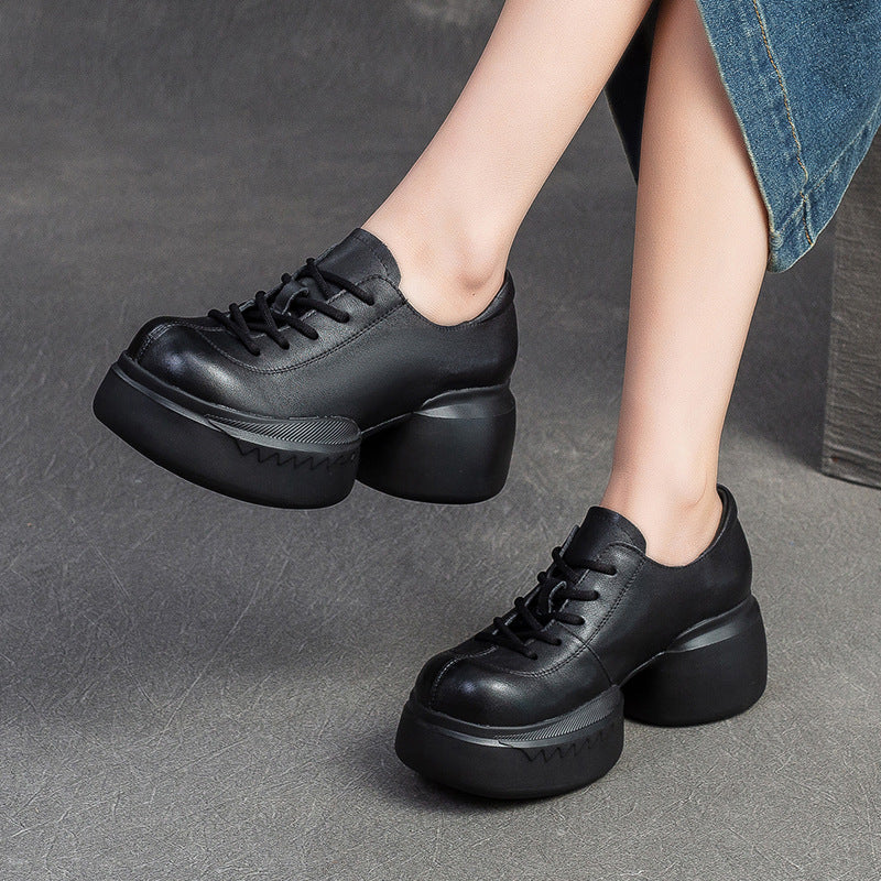 Women Minimalist Solid Leather Chunky Platform Casual Shoes Newgew Shoes