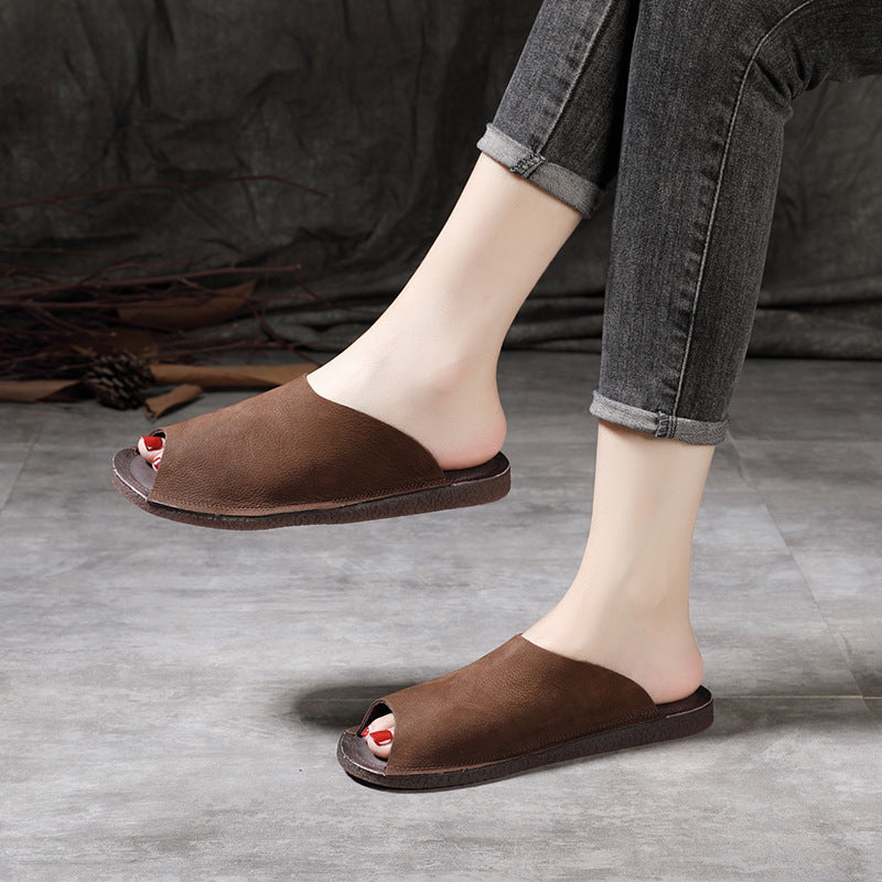 Women Retro Soft Cowhide Summer Flat Slides Newgew Shoes