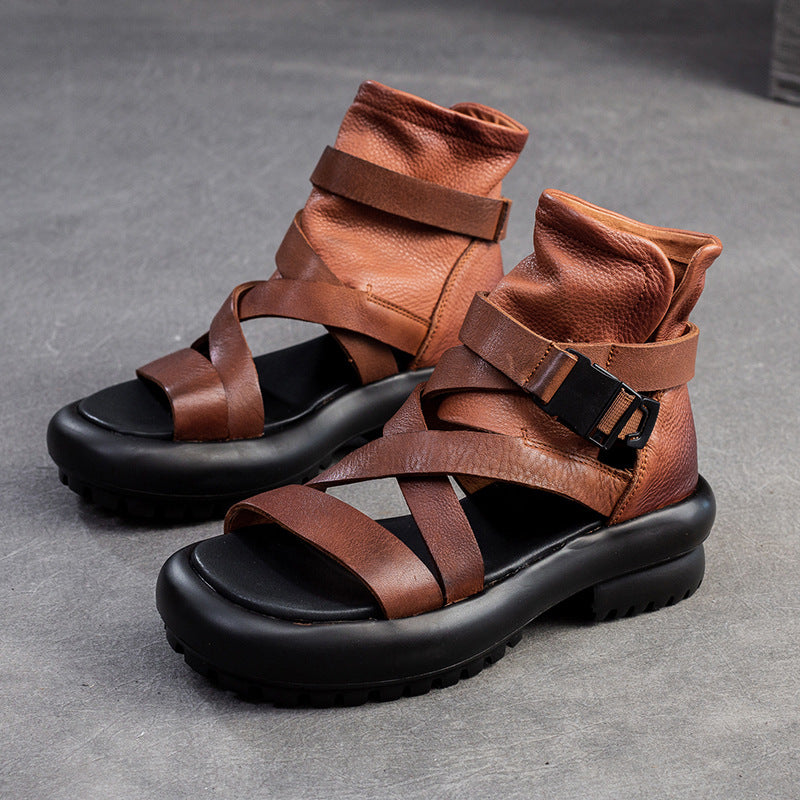 Women Soft Leather Casual Platform High Top Sandals Newgew Shoes