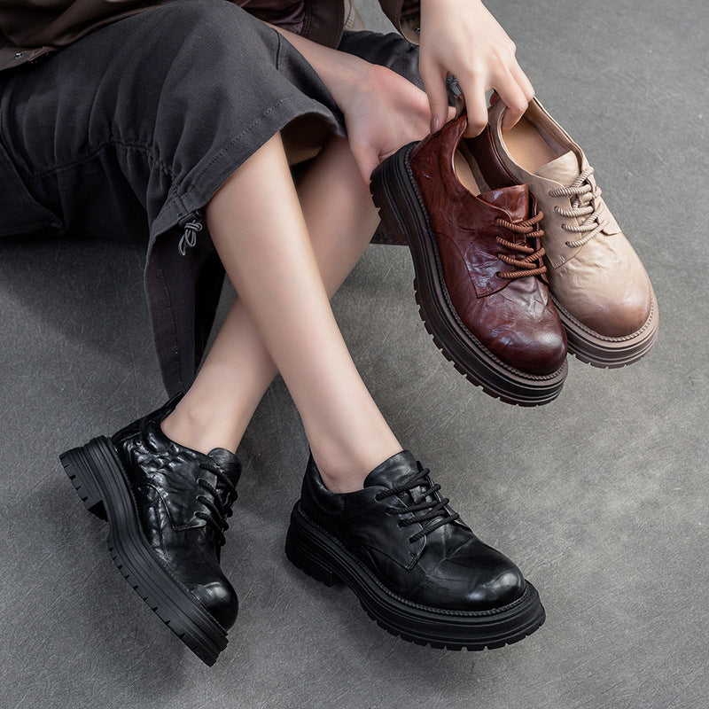 Women Retro Pleated Leather Thick Soled Casual Shoes Newgew Shoes