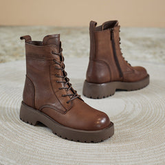 Women Retro Fashion Leather Combat Boots Newgew Shoes