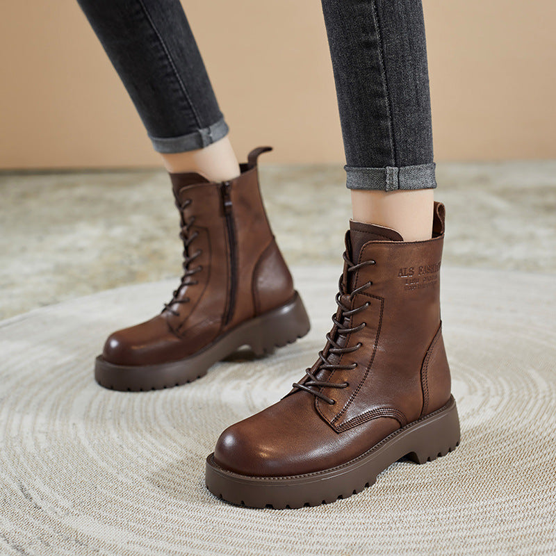 Women Retro Fashion Leather Combat Boots Newgew Shoes
