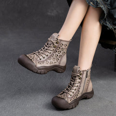 Women Retro Breathable Hollow Leather Casual Boots Newgew Shoes