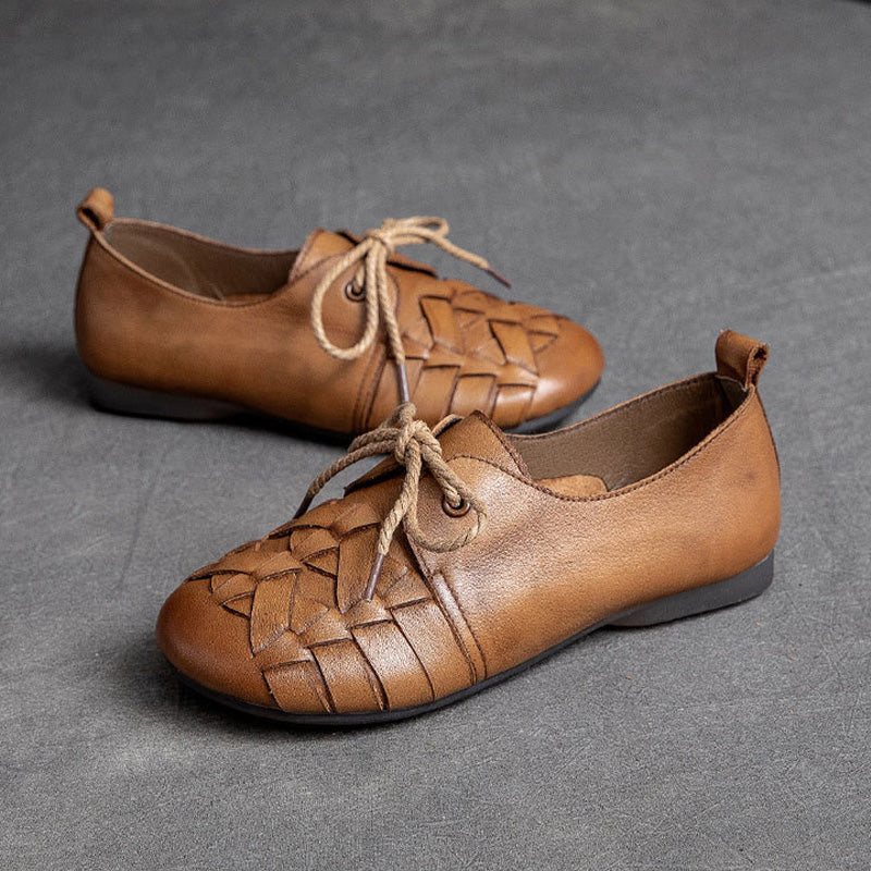 Women Retro Handmade Plaited Leather Flat Shoes Newgew Shoes