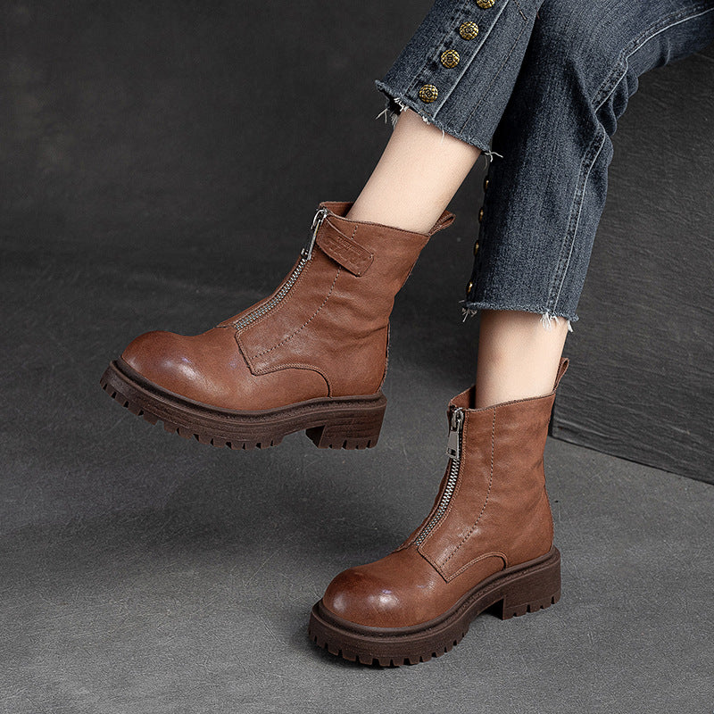 Women Retro Casual Font Zipper Leather Boots Newgew Shoes