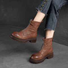 Women Retro Casual Font Zipper Leather Boots Newgew Shoes