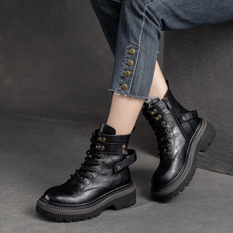 Women Retro Classic Leather Chunky Heel Boots Newgew Shoes