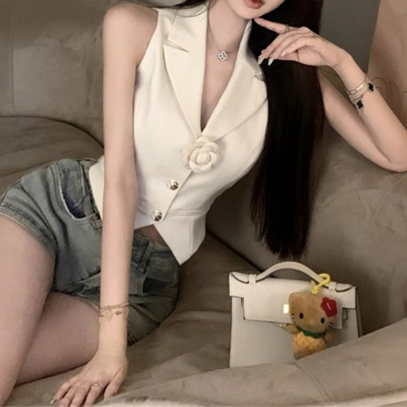 White Sleeveless Button Front Blouse NewGew