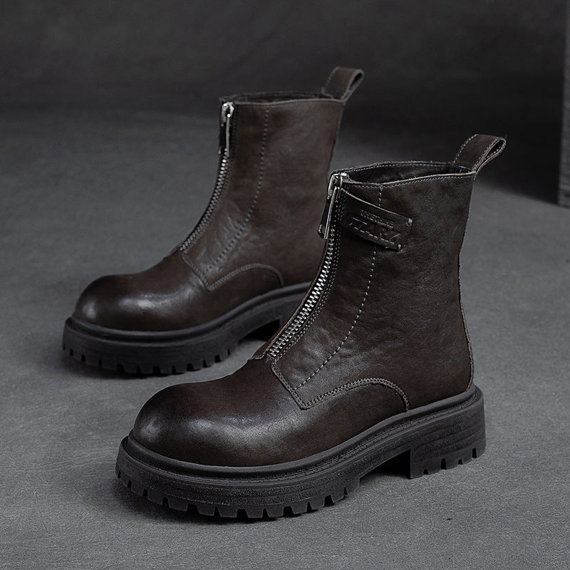 Women Retro Casual Font Zipper Leather Boots Newgew Shoes