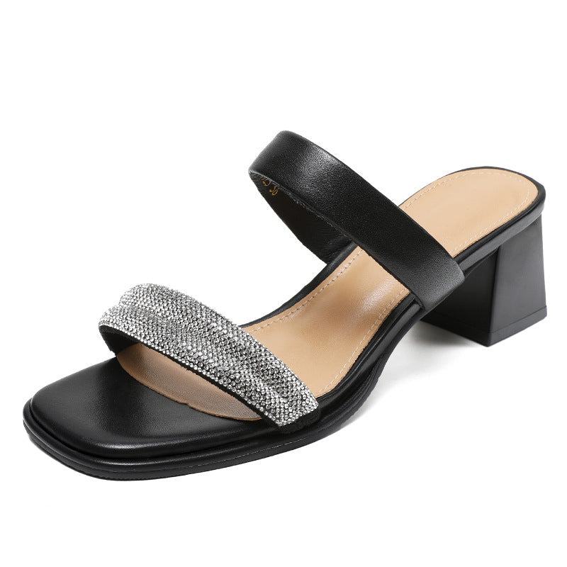 Women Fashion Leather Crystal Chunky Heel Slides Sandals Newgew Shoes