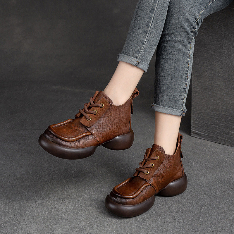 Women Retro Casual Leather Chunky Soled Ankle Boots Newgew Shoes