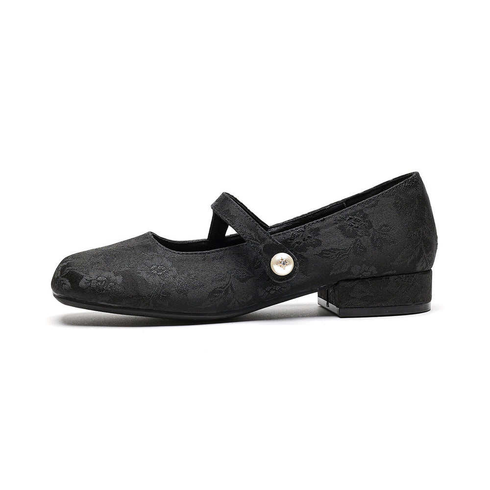 Women Retro Jacquard Low Block Mary Jane Shoes Newgew Shoes