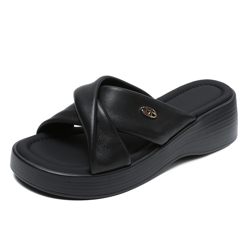 Women Casual Leather Soft Platform Slides Sandals Newgew Shoes