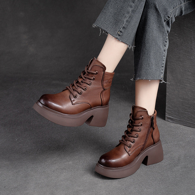 Women Retro Casual Leather Chunky Heel Boots Newgew Shoes