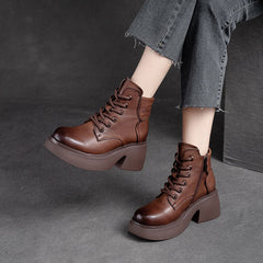 Women Retro Casual Leather Chunky Heel Boots Newgew Shoes
