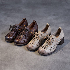 Women Hollow Leather Lace Up Summer Heel Casual Shoes Newgew Shoes