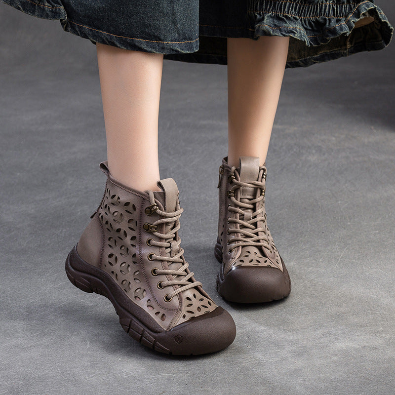 Women Retro Breathable Hollow Leather Casual Boots Newgew Shoes