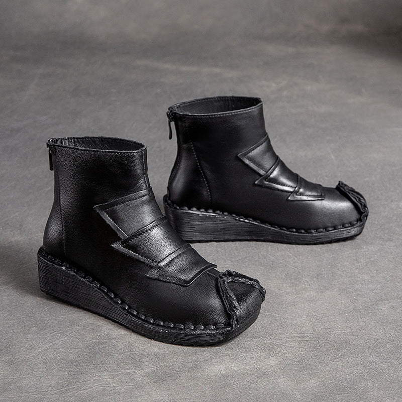 Women Retro Cowhide Low Wedge Casual Boots Newgew Shoes