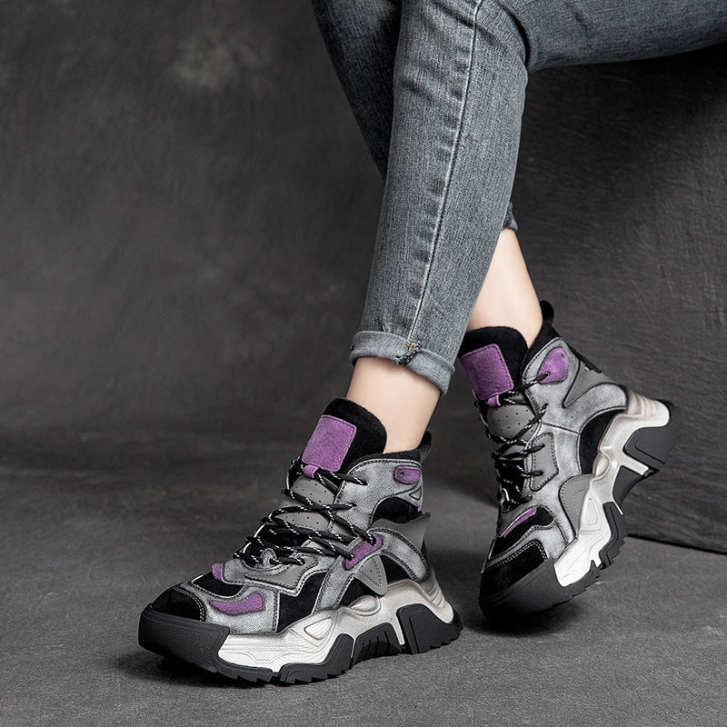 Women Retro Fashion Patchwork Leather Casual Boots Newgew Shoes