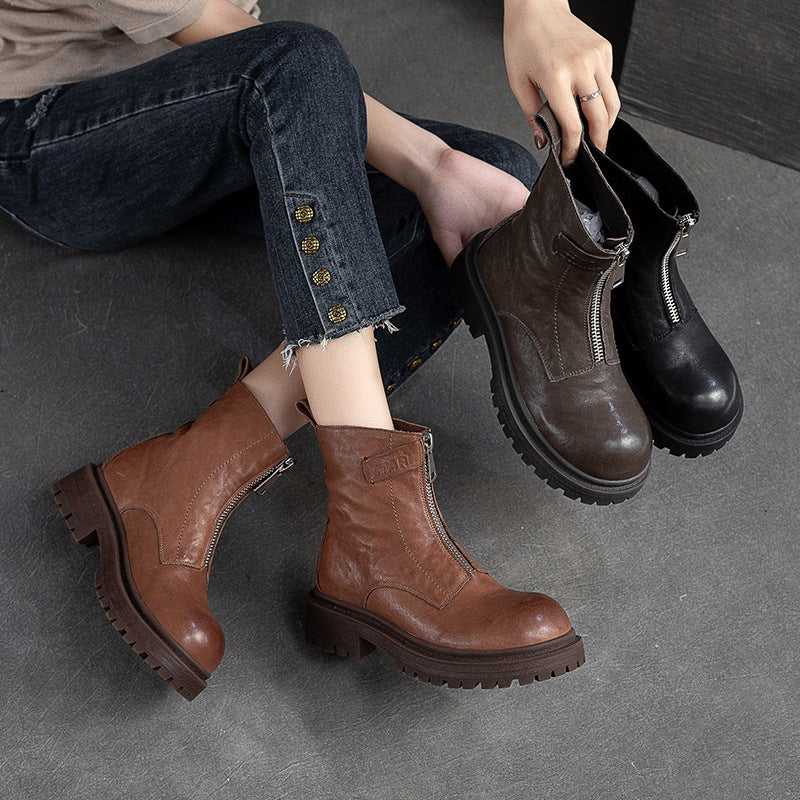 Women Retro Casual Font Zipper Leather Boots Newgew Shoes