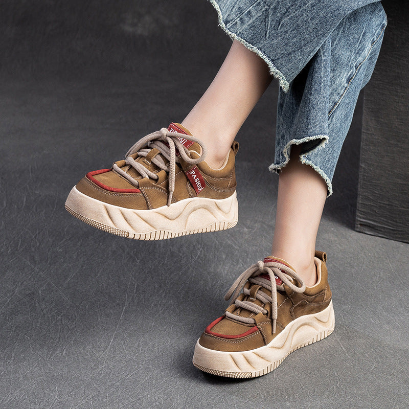Women Retro Patchwork Leather Thick Soled Casual Shoes Newgew Shoes