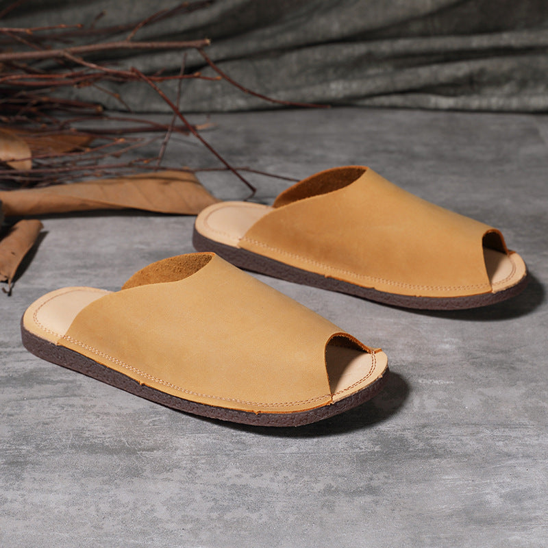 Women Retro Soft Cowhide Summer Flat Slides Newgew Shoes