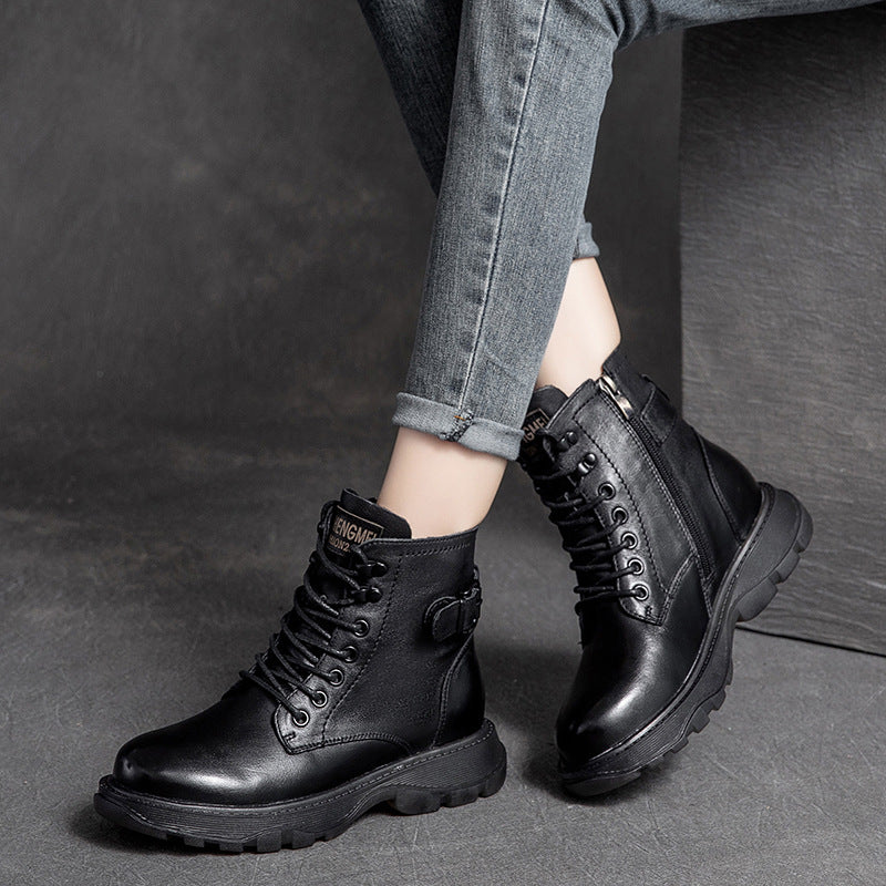 Women Retro Leather Flat Thick Soled Casual Boots Newgew Shoes