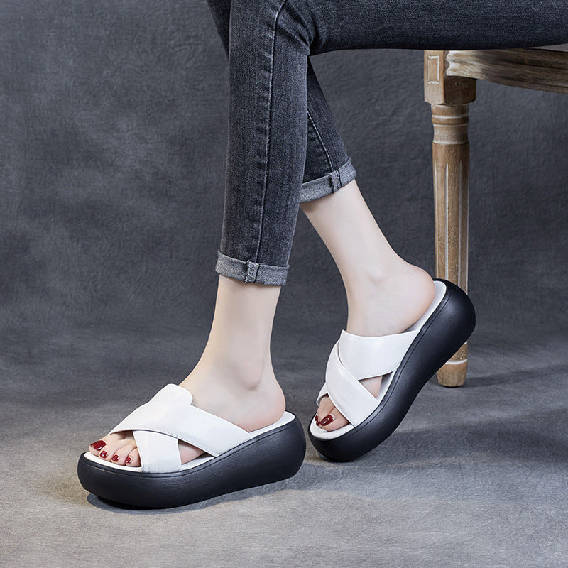 Women Leather Summer Casual Platform Slide Sandals Newgew Shoes