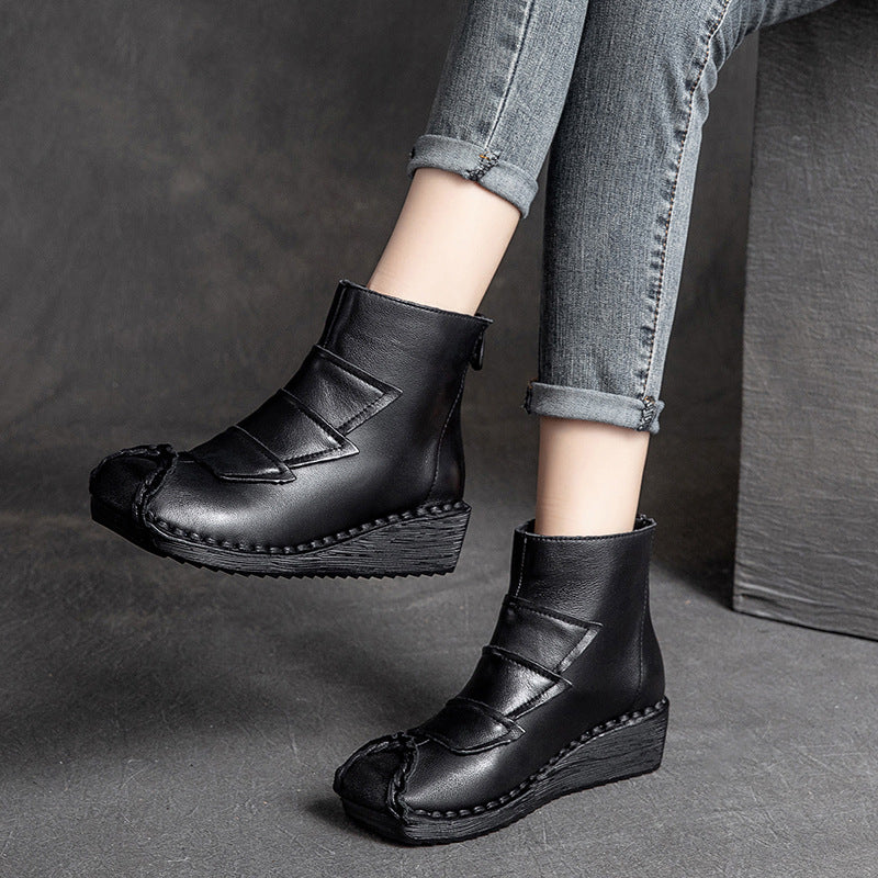 Women Retro Cowhide Low Wedge Casual Boots Newgew Shoes
