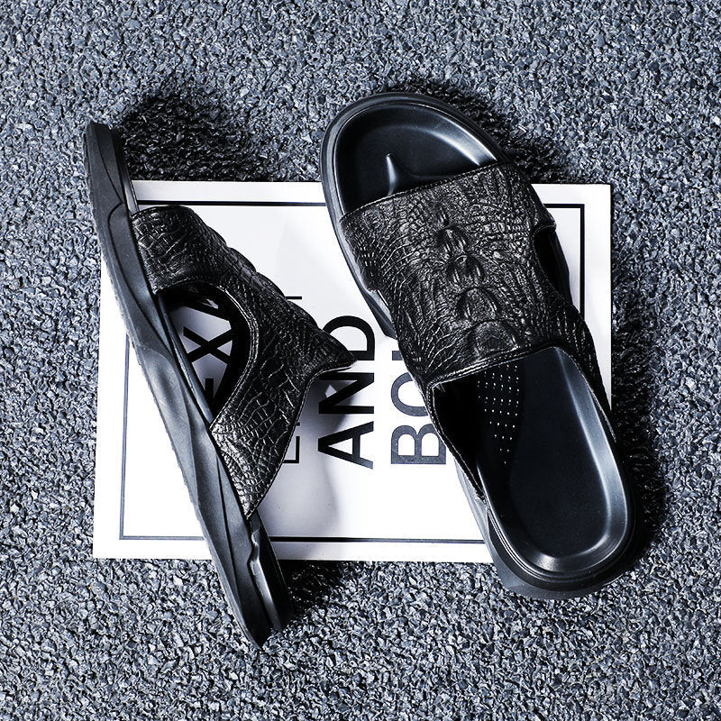Men Crocodile Casual Black Slides Sandals Newgew Shoes