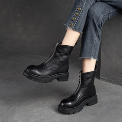 Women Retro Casual Font Zipper Leather Boots Newgew Shoes