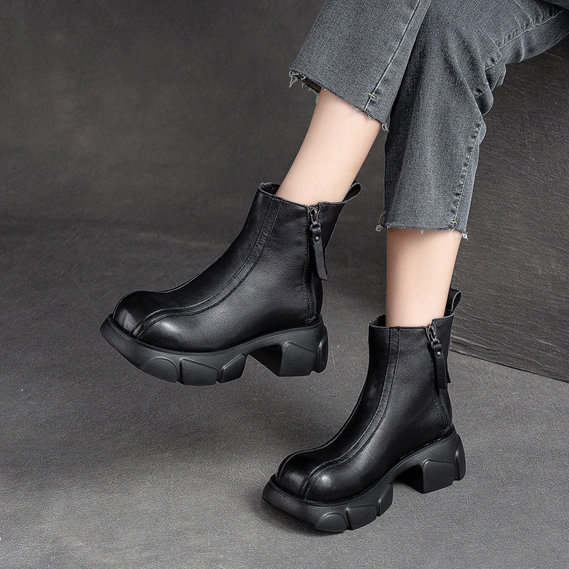 Women Retro Minimalist Casual Leather Chunky Heel Boots Newgew Shoes
