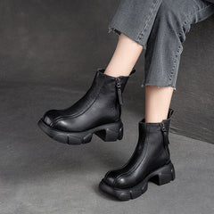 Women Retro Minimalist Casual Leather Chunky Heel Boots Newgew Shoes