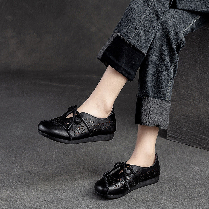 Women Retro Hollow Soft Leather Flat Shoes Newgew Shoes