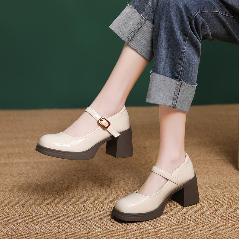 Women Minimalism Leather Chunky Heel Mary Jane Shoes Newgew Shoes