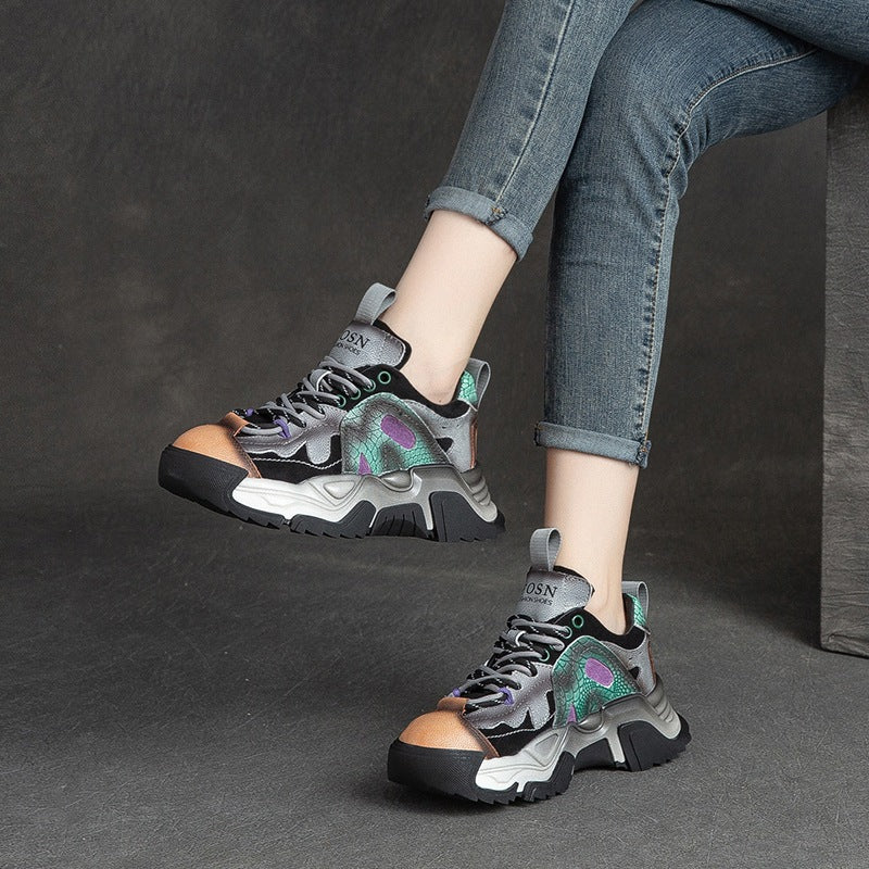 Women Patchwork Leather Retro Platform Dad Sneakers Newgew Shoes