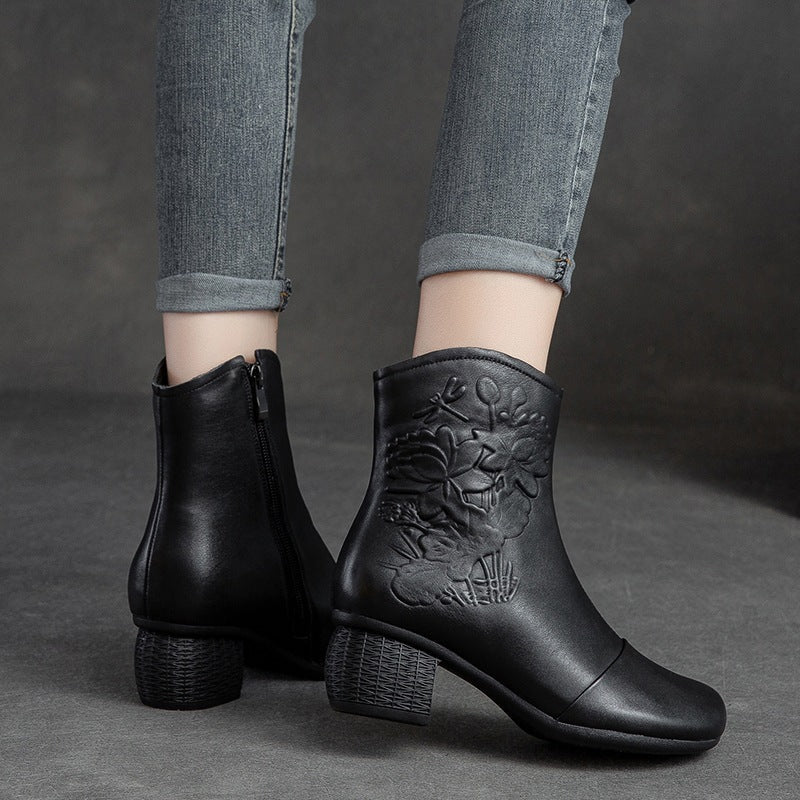 Women Retro Figured Leather Chunky Heel Mid-Calf Boots Newgew Shoes