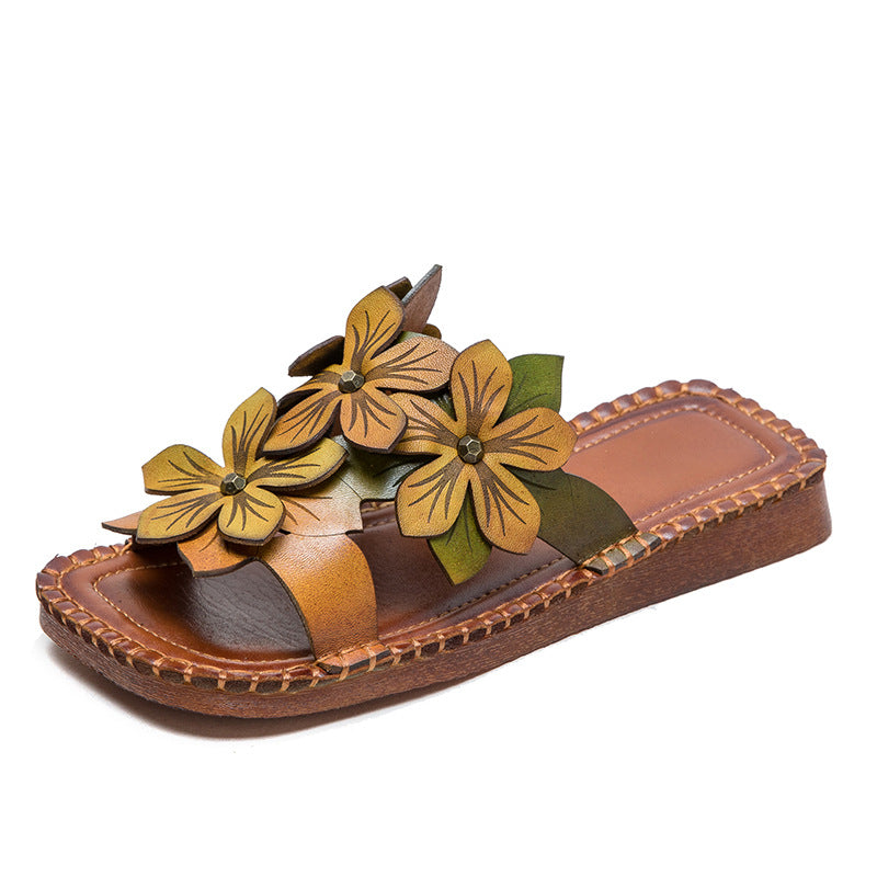 Women Retro Casual Flower Leather Flat Slides Newgew Shoes