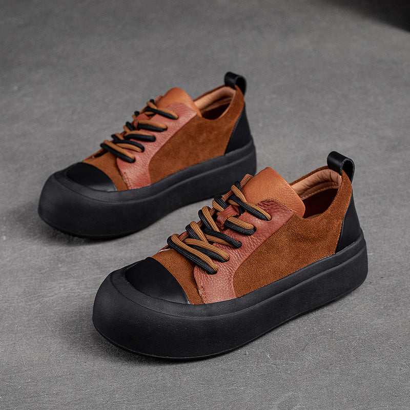 Women Retro Patchwork Leather Flat Casual Shoes Newgew Shoes